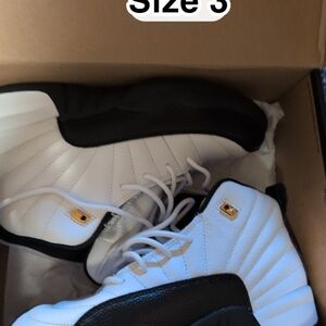 Jordan Kids White and Black Basketball Shoes with Gold Accents